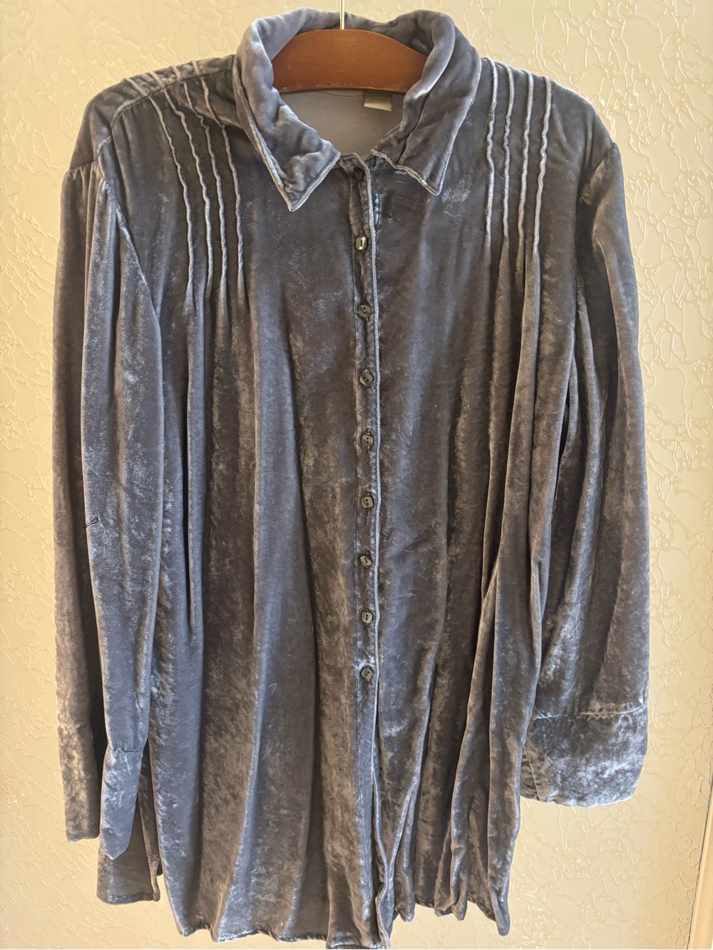 Velvet Button-Front Blouse - Slate Blue
